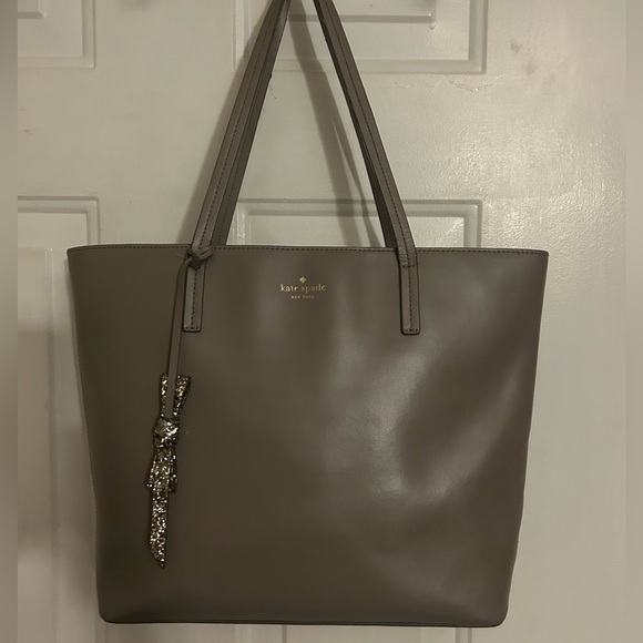 kate spade Handbags - Kate Spade Gray Taupe Leather Tote Bag Sparkle Bow Hang Tag